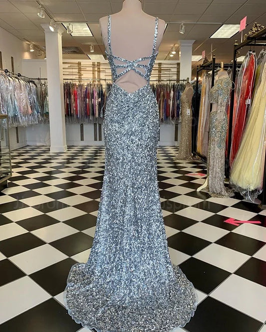 Backless Mermaid Silver Sleeveless Sequin V-Neck Slit Prom Evening Dress