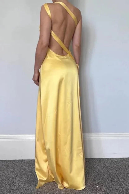 Backless Mermaid Simple Floor Length Sleeveless Yellow Bridesmaid Prom Dress