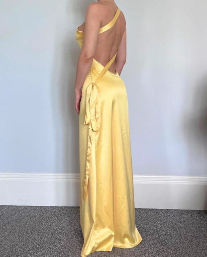 Backless Mermaid Simple Floor Length Sleeveless Yellow Bridesmaid Prom Dress