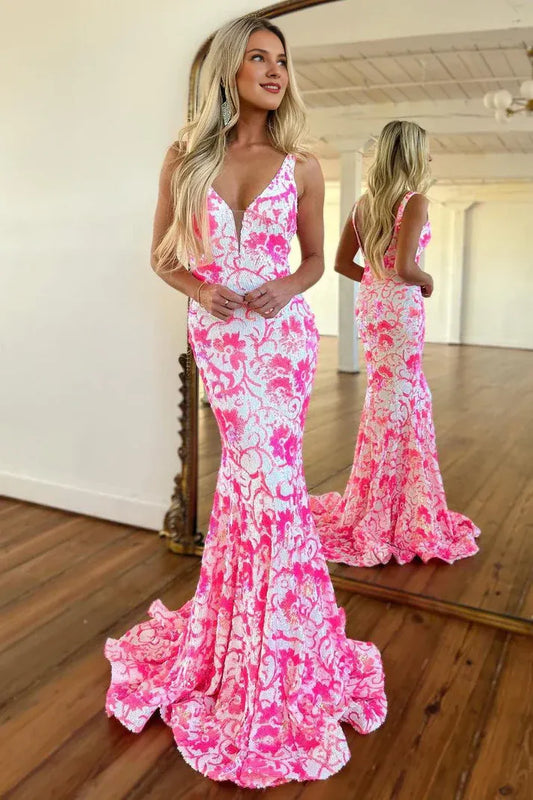 Backless Pink Mermaid V Neck Sequin Lace Prom Dresses With Train