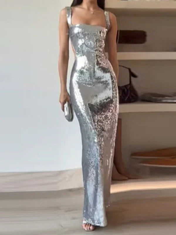 Backless Sexy Sequined Strap Square Neck Backless Prom Dress
