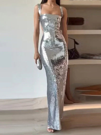 Backless Sexy Sequined Strap Square Neck Backless Prom Dress