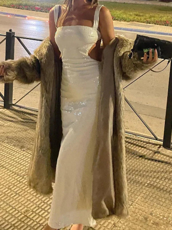 Backless Sexy Sequined Strap Square Neck Backless Prom Dress