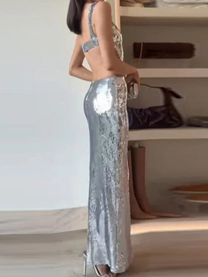 Backless Sexy Sequined Strap Square Neck Backless Prom Dress
