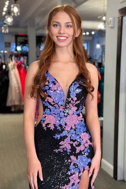 Backless Sleeveless Black V Neck Sequin Lace Up Mermaid Long Prom Dresses