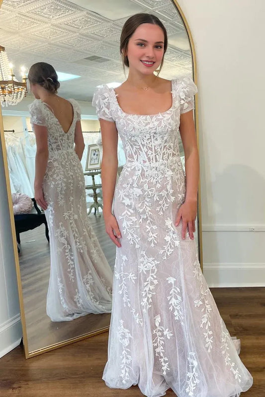 Backless Square Neck Puff Sleeves Appliques Tulle Floor Length Prom Dress