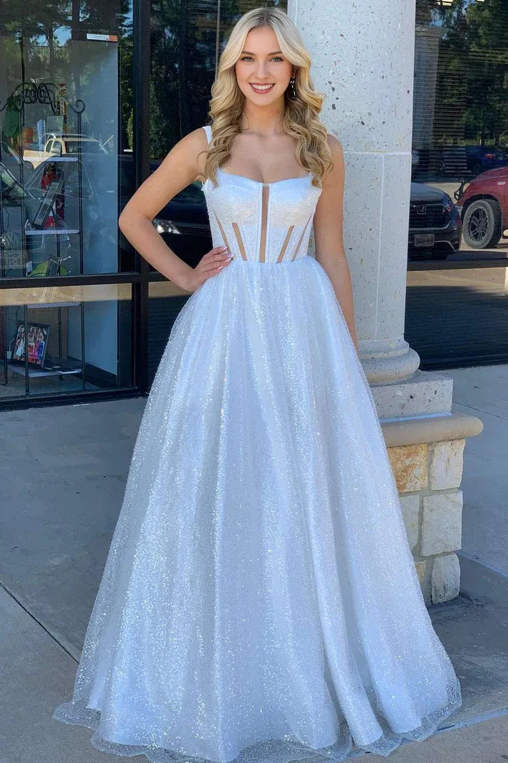 Backless Square Neck White Floor Length A-Line Sequin Long Prom Dresses