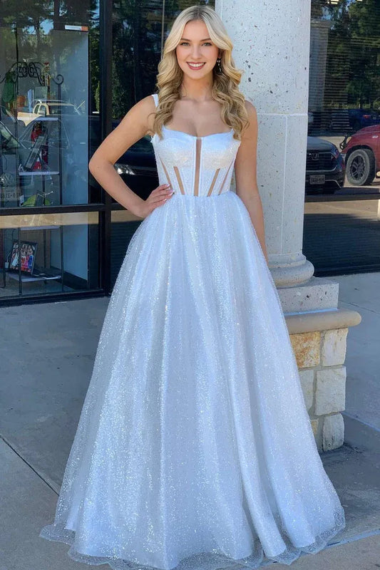 Backless Square Neck White Floor Length A-Line Sequin Long Prom Dresses