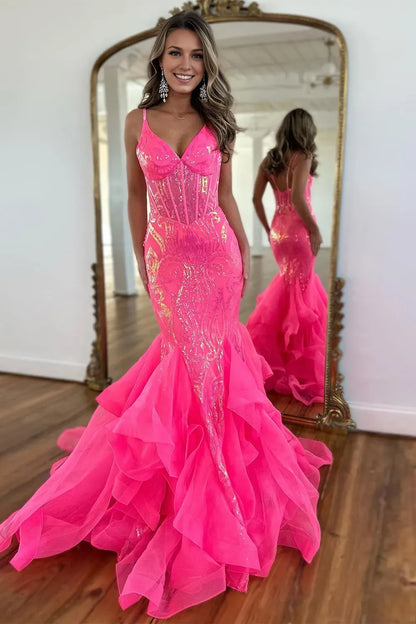Backless Stunning Mermaid Spaghetti Straps Long Glitter Prom Dress With Ruffles