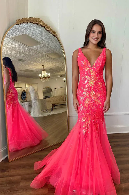 Backless Tulle Fuchisa V Neck Sequin Lace Mermaid Long Prom Dresses