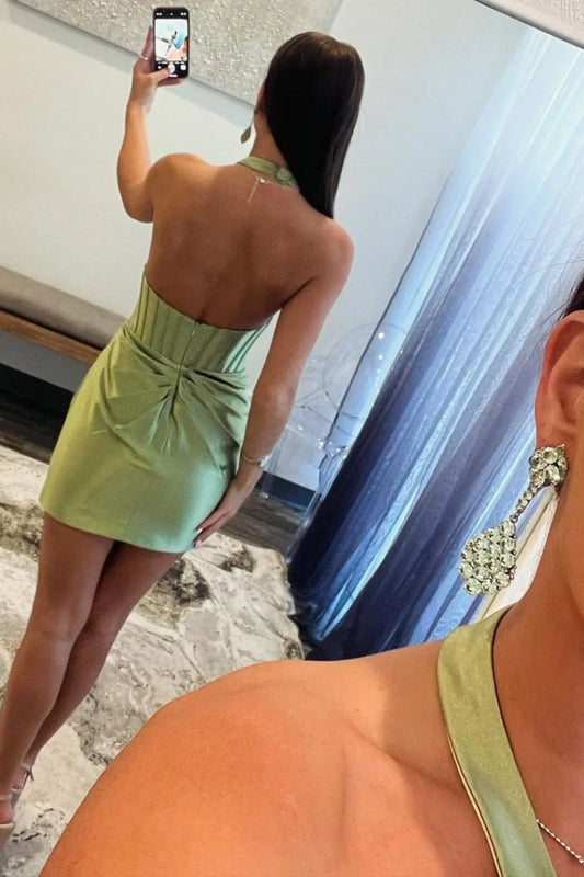 Backless Mermaid Halter Neck Short Satin Homecoming Dress