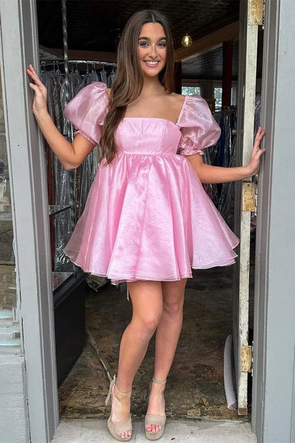Dresses Formal Pink Square Neck Balloon Sleeves A-Line Black Homecoming Dress Stores With Prom Dresses