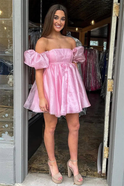 Dresses Formal Pink Square Neck Balloon Sleeves A-Line Black Homecoming Dress Stores With Prom Dresses