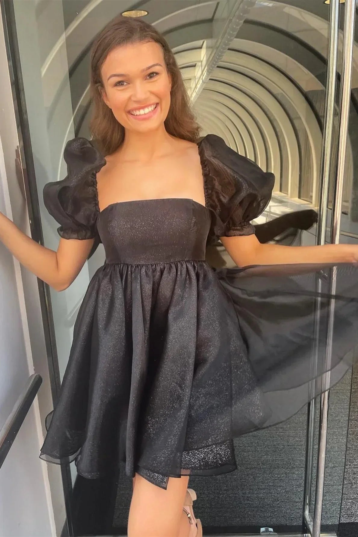 Dresses Formal Pink Square Neck Balloon Sleeves A-Line Black Homecoming Dress Stores With Prom Dresses
