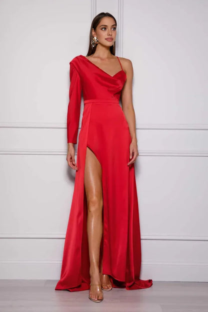 Bargain A-Line Asymmetrical Neck Long Sleeve Satin Floor-Length Prom Dress
