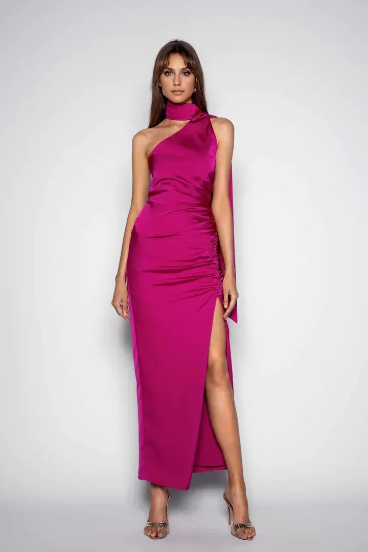 Bargain Bodycon Scarf Neck Sleeveless Satin Ankle-Length Prom Dress