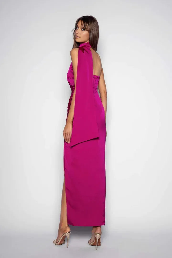 Bargain Bodycon Scarf Neck Sleeveless Satin Ankle-Length Prom Dress