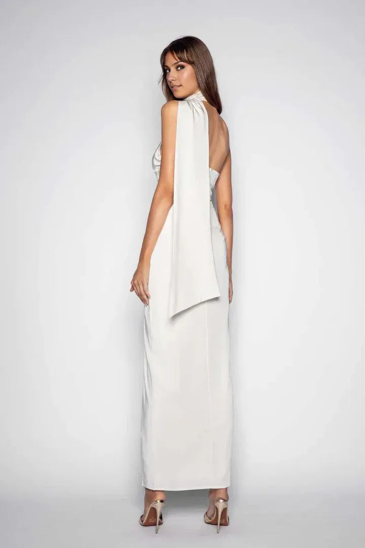 Bargain Bodycon Scarf Neck Sleeveless Satin Ankle-Length Prom Dress