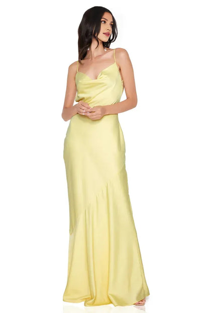 Bargain Fitted Cowl Neck Sleeveless Satin Floor-Length Prom Dress