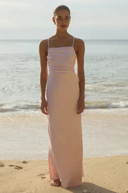 Bargain Fitted Spaghetti Straps Sleeveless Satin Floor-Length Prom Dress
