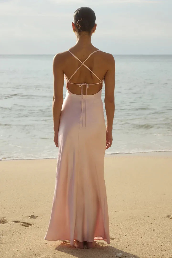 Bargain Fitted Spaghetti Straps Sleeveless Satin Floor-Length Prom Dress