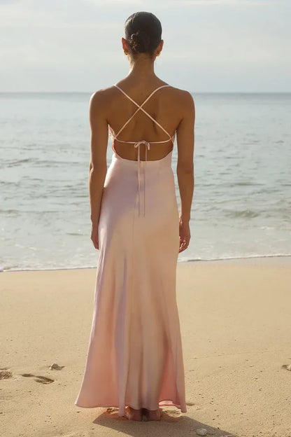 Bargain Fitted Spaghetti Straps Sleeveless Satin Floor-Length Prom Dress