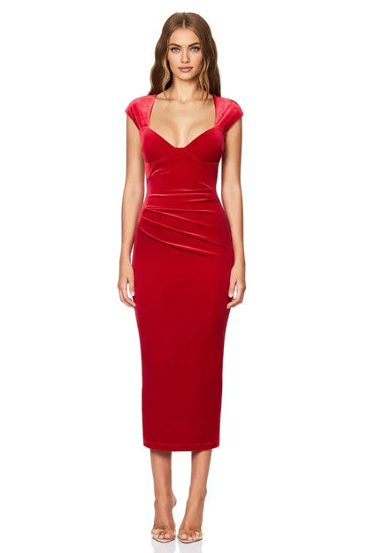 Bargain Fitted V Neck Cap Sleeve Zipper Up Tea-Length Prom Dress