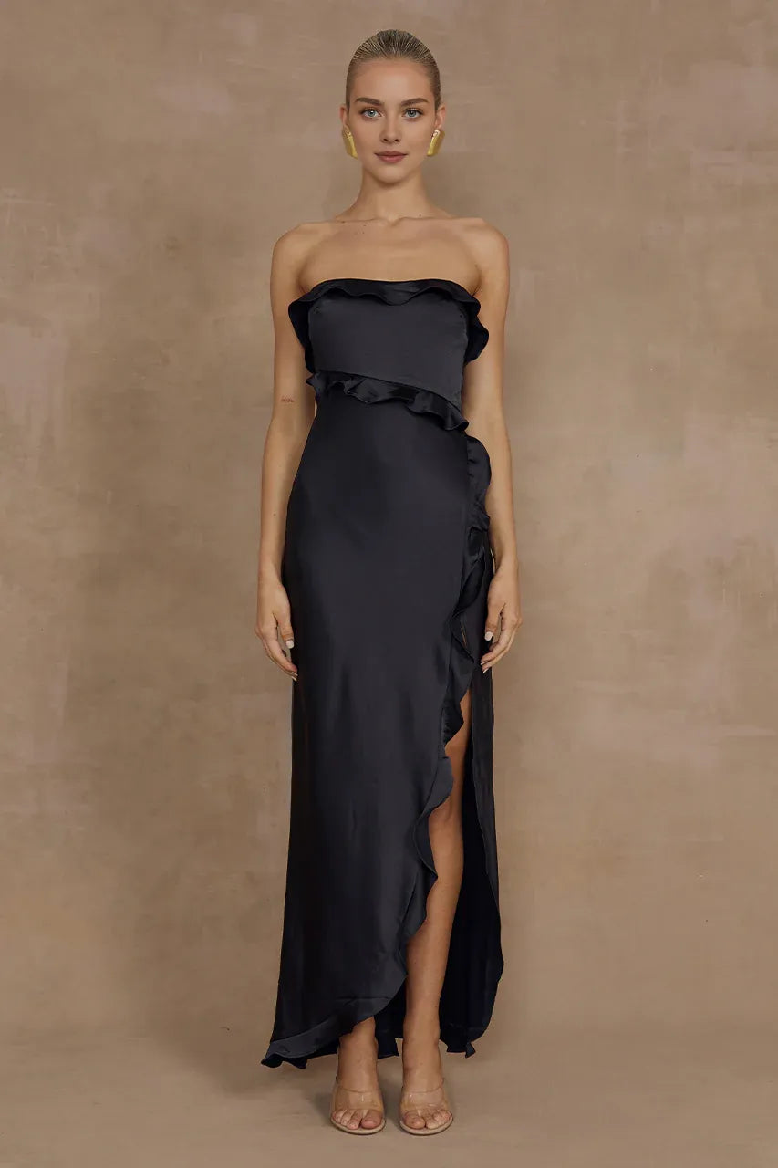 Bargain Sheath/Column Strapless Sleeveless Split Satin Ankle-Length Prom Dress