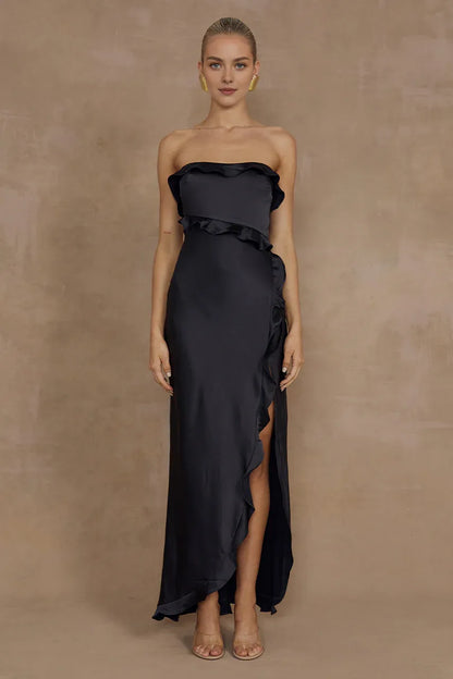 Bargain Sheath/Column Strapless Sleeveless Split Satin Ankle-Length Prom Dress
