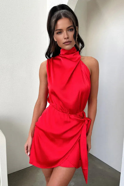 Bargain Sheath High Neck Sleeveless Satin Keyhole Pleated Short-Mini Homecoming Dress