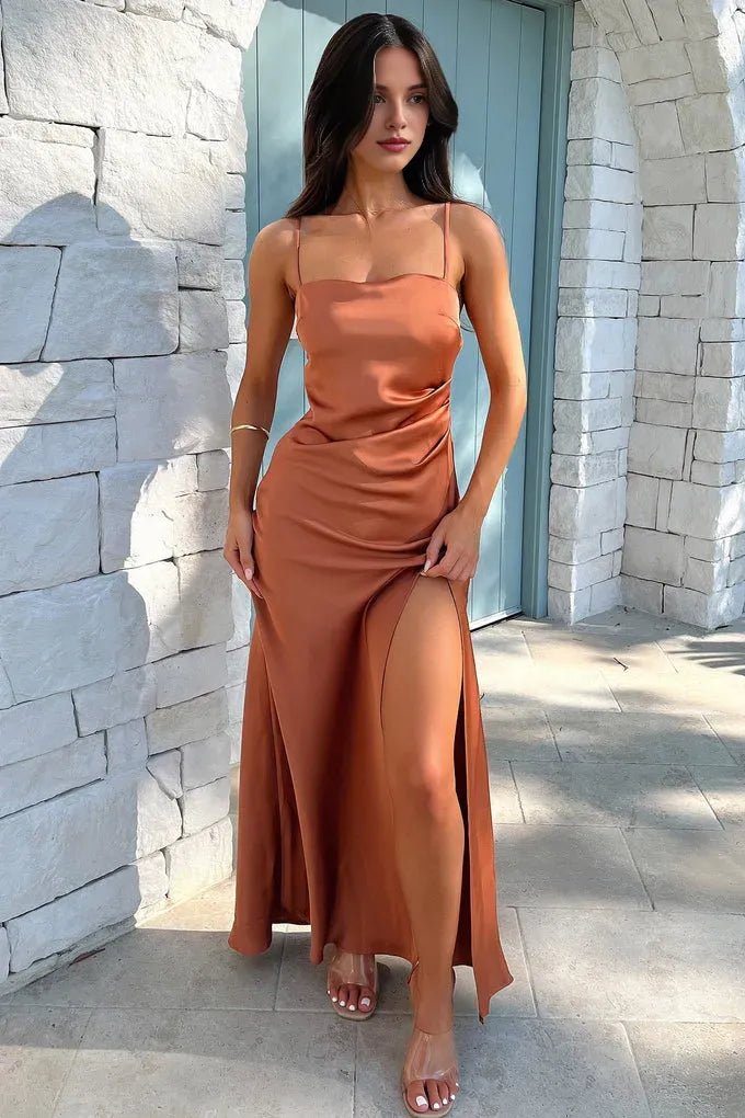 Bargain Sheath Spaghetti Straps Sleeveless Slit Satin Floor-Length Prom Dress