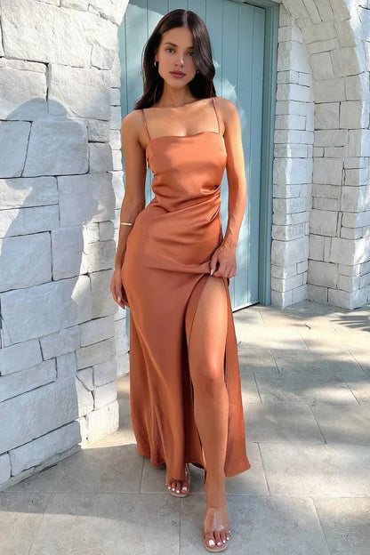 Bargain Sheath Spaghetti Straps Sleeveless Slit Satin Floor-Length Prom Dress
