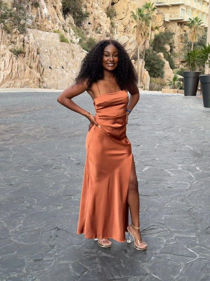 Bargain Sheath Spaghetti Straps Sleeveless Slit Satin Floor-Length Prom Dress