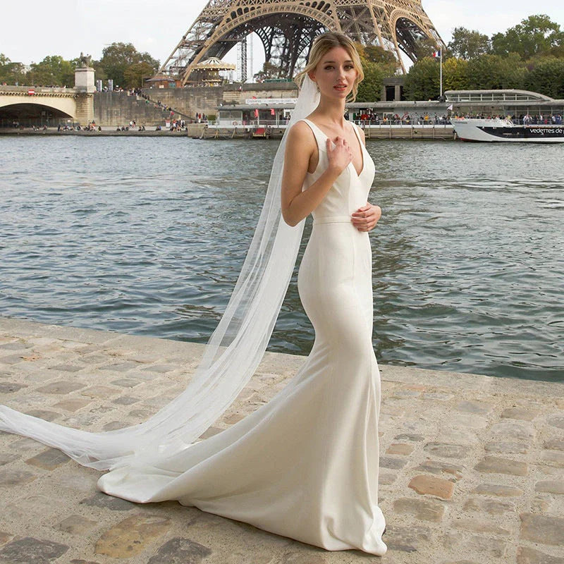 Beach Simple Soft Satin V Neck Mermaid Minimalist Wedding Dresses With Train/No Veils