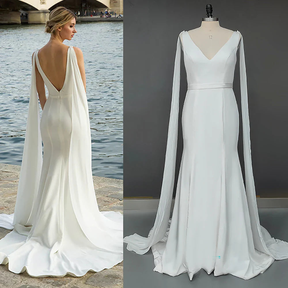 Beach Simple Soft Satin V Neck Mermaid Minimalist Wedding Dresses With Train/No Veils