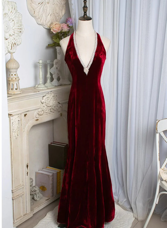 Dress Prom Dress Stores Wine Red Halter Beading Velvet Mermaid Long Party Dress Formal Dresses