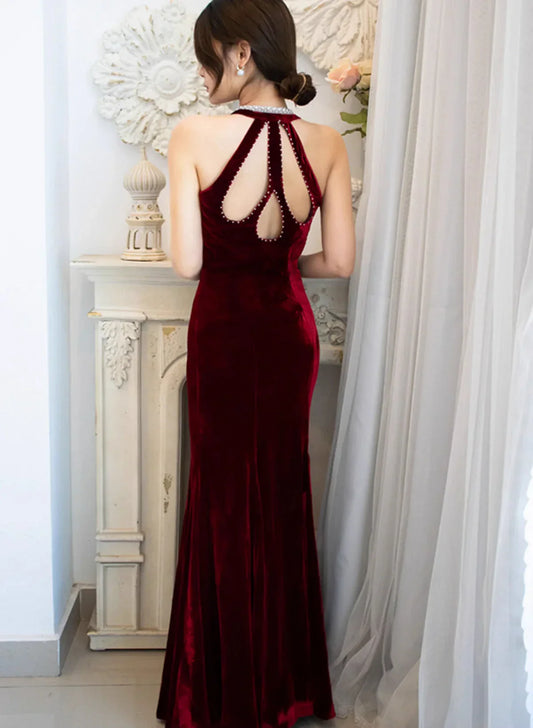 Dress Prom Dress Stores Wine Red Halter Beading Velvet Mermaid Long Party Dress Formal Dresses