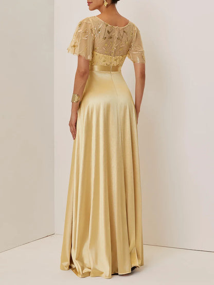 Beautiful A-Line Crew Neck Short Sleeve Zipper Up Floor-Length Evening Dress