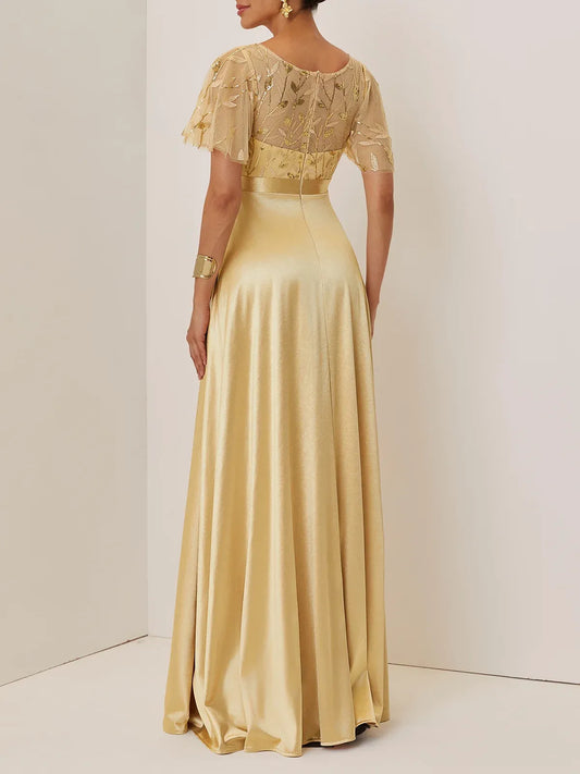 Beautiful A-Line Crew Neck Short Sleeve Zipper Up Floor-Length Evening Dress