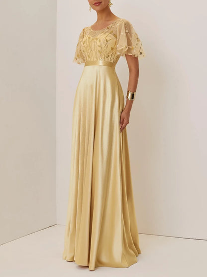 Beautiful A-Line Crew Neck Short Sleeve Zipper Up Floor-Length Evening Dress