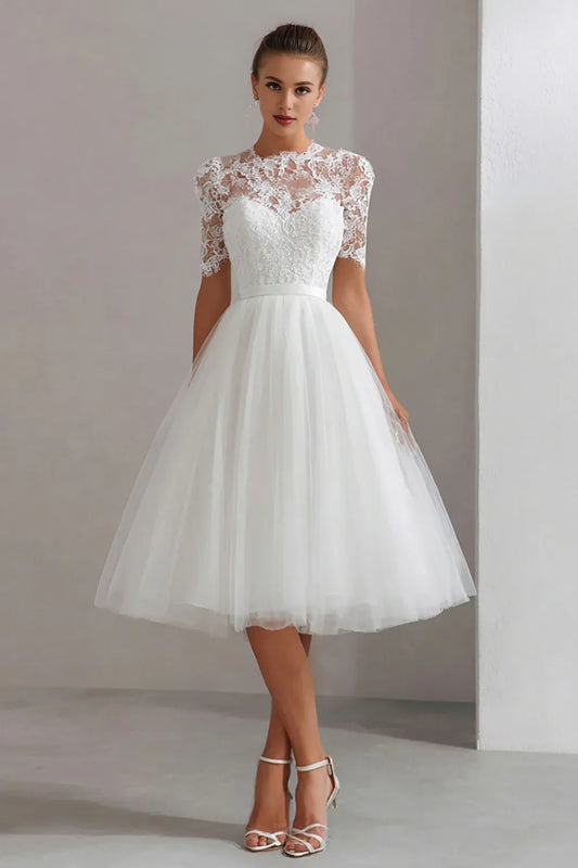 Beautiful A-Line High Neck Short Sleeves Tulle Tea-Length Wedding Dress