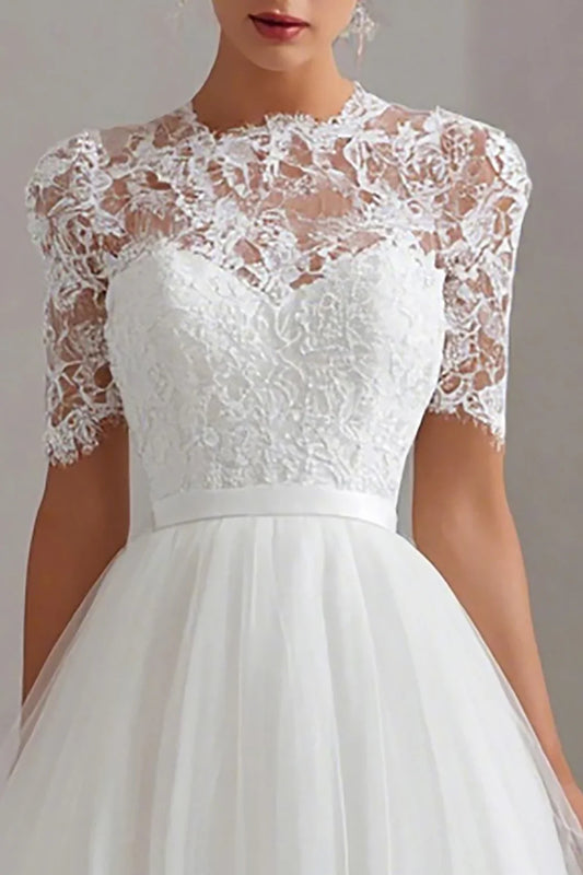 Beautiful A-Line High Neck Short Sleeves Tulle Tea-Length Wedding Dress