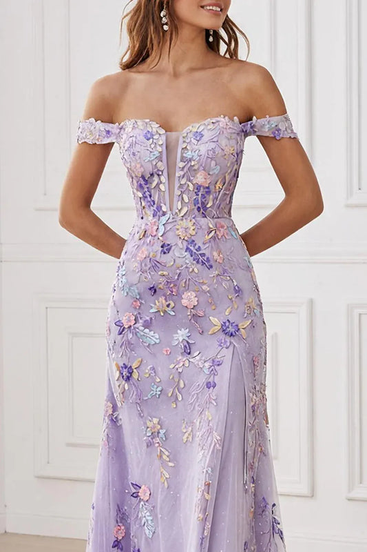 Beautiful A-Line Off the Shoulder Sleeveless Tulle Embroidered Floor-Length Prom Dress