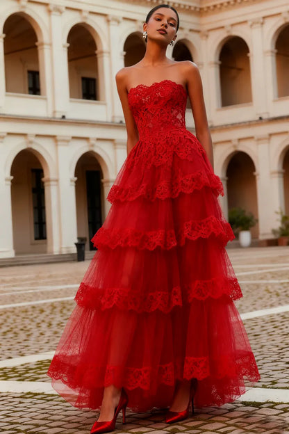 Beautiful A-Line Strapless Sleeveless Lace Floor-Length Prom Dress