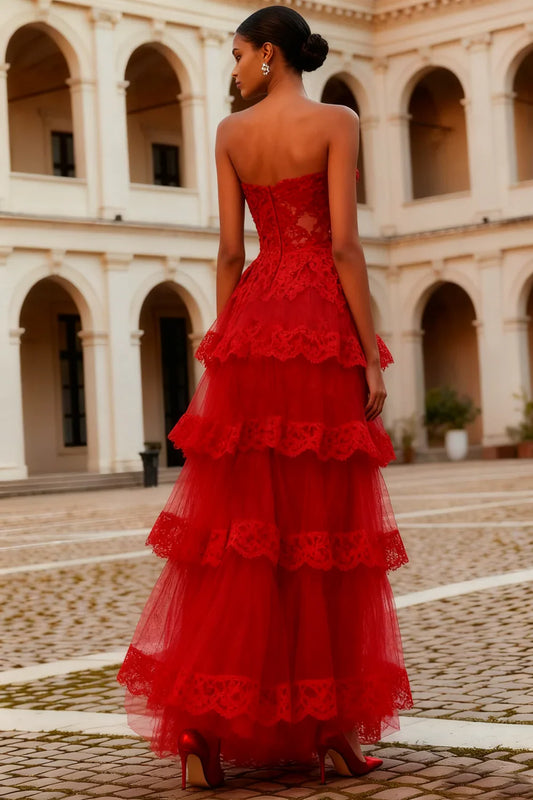 Beautiful A-Line Strapless Sleeveless Lace Floor-Length Prom Dress