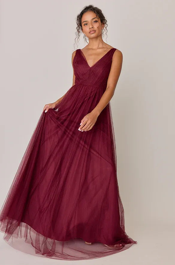 Beautiful A-Line V Neck Sleeveless Tulle Floor-Length Prom Dress