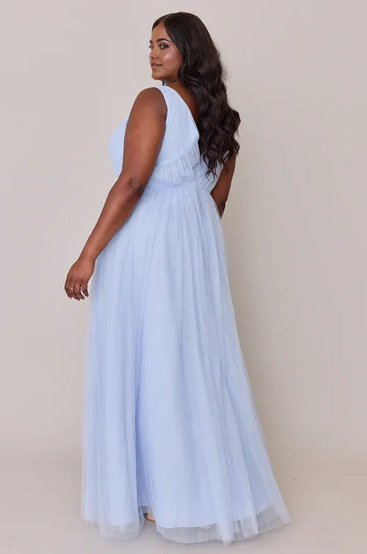 Beautiful A-Line V Neck Sleeveless Tulle Floor-Length Plus Size Prom Dress