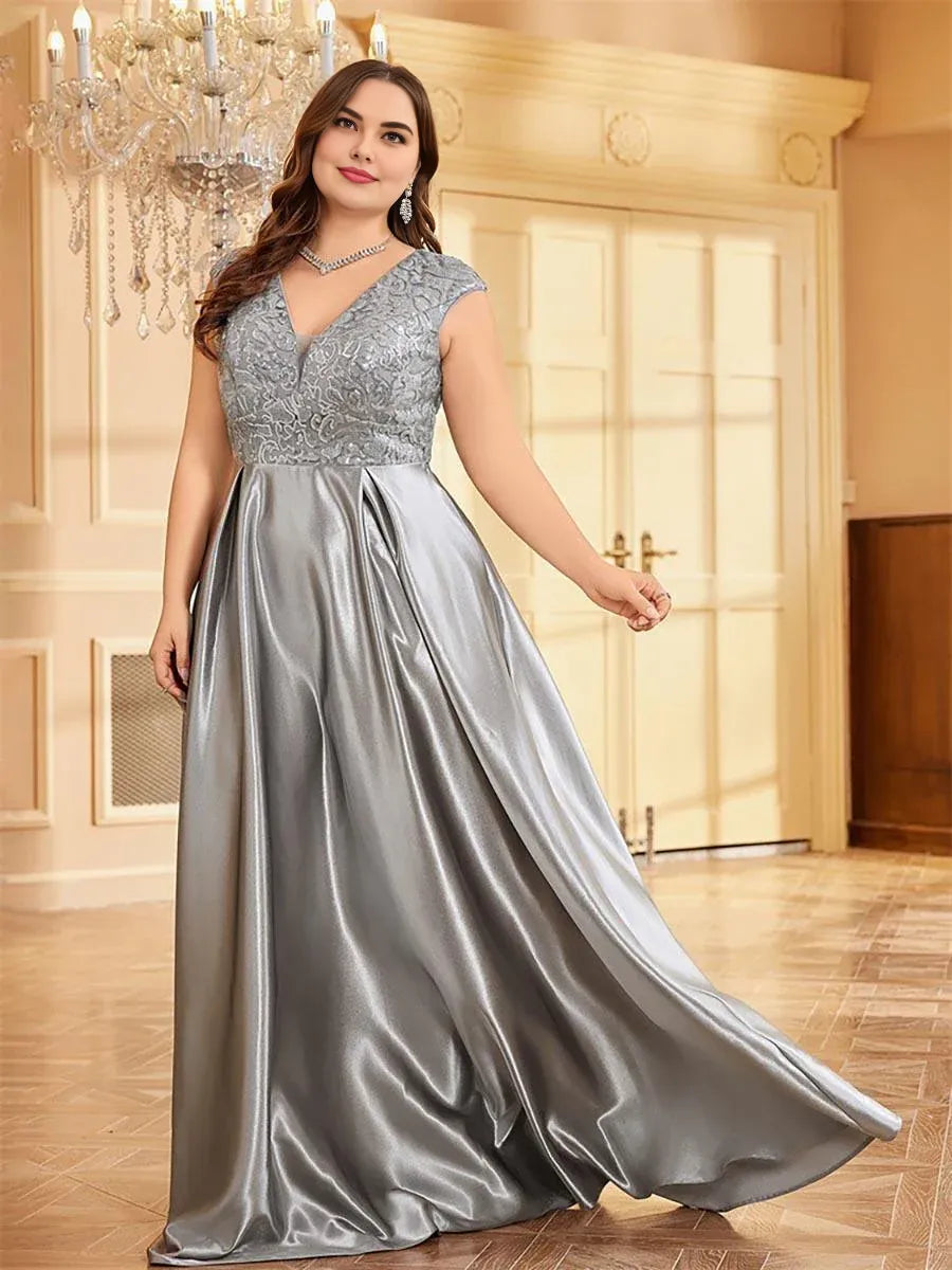 Beautiful A-line V-neck Cap Sleeve Zipper Up Floor-Length Plus Size Prom Dress