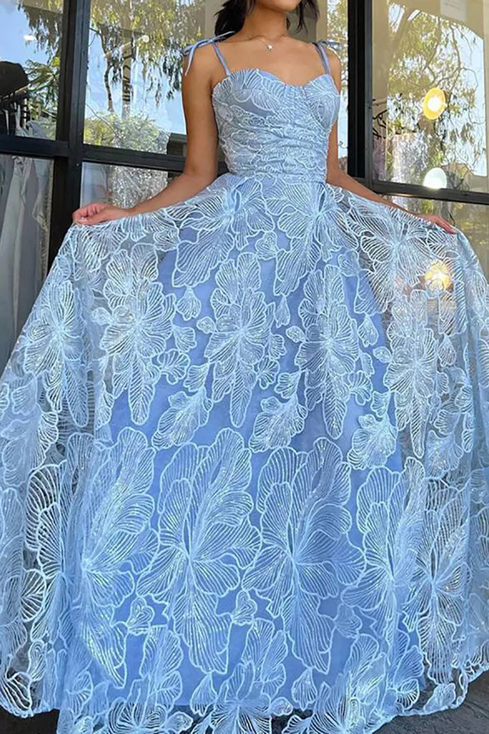 Beautiful A Line Spaghetti Straps Blue Sleeveless Prom Dress with Lace