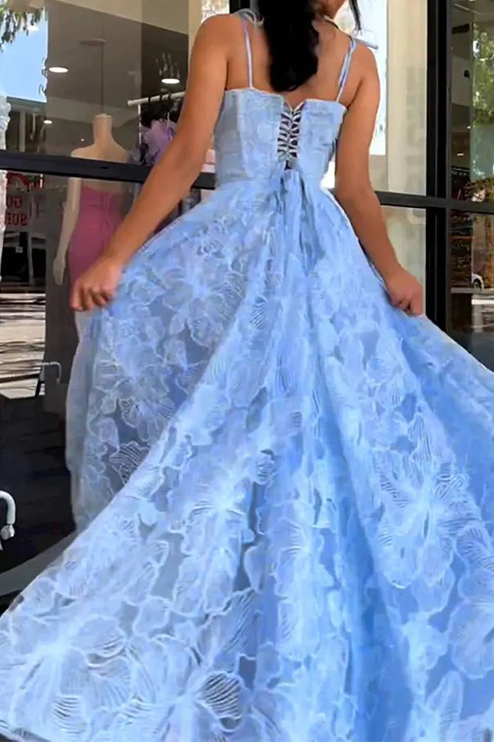Beautiful A Line Spaghetti Straps Blue Sleeveless Prom Dress with Lace